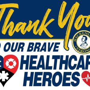Thank you message honoring brave healthcare heroes with heart and Hackensack Strong logo.