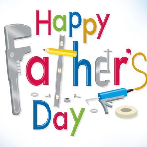 Happy Father's Day text with tools and sky background, celebrating dads.