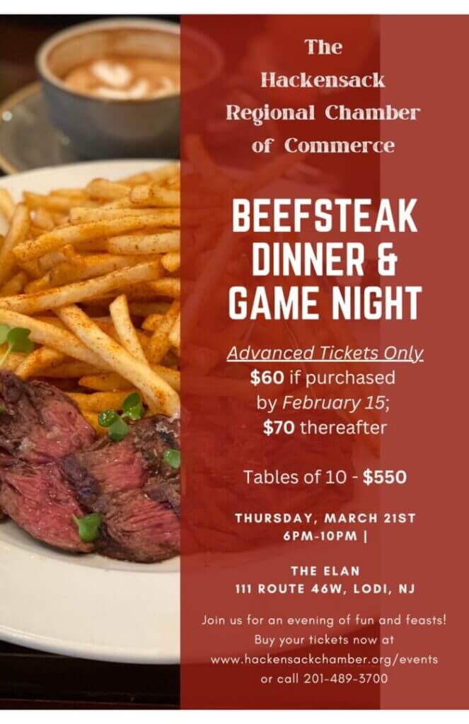 HRCC Beefsteak Dinner & Game Night flyer with steak and fries, event details, pricing, and ticket info for March 21st at The Elan, Lodi, NJ.