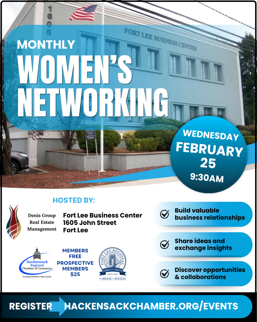 Blue and white Instagram post for Monthly Women's Networking event at Fort Lee Business Center on February 25, hosted by Hackensack Chamber.