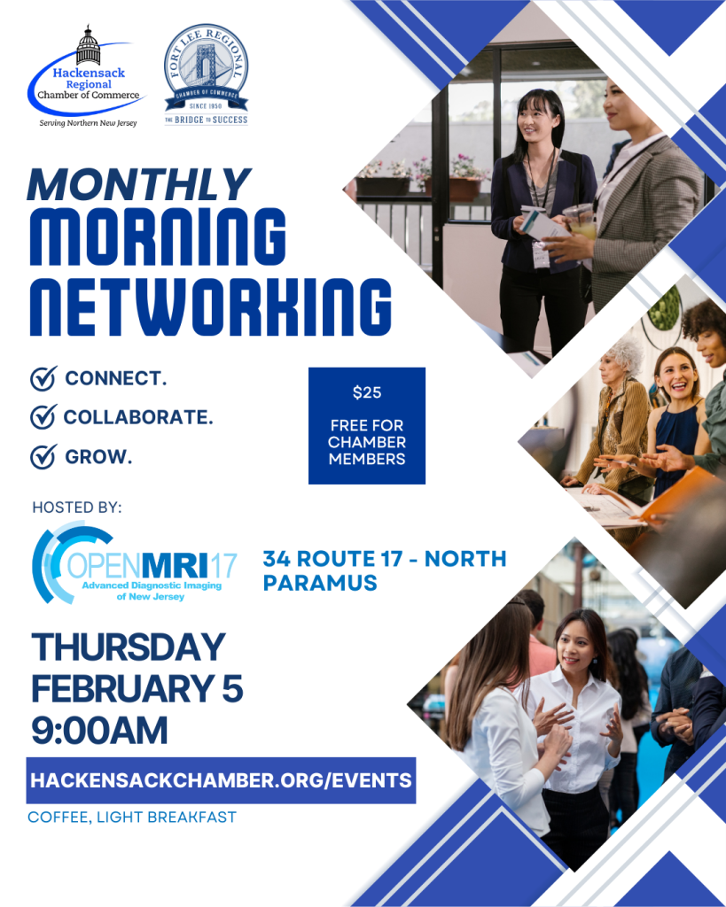 Monthly morning networking event flyer, connect, collaborate, grow. Hosted by OpenMRI17. February 5, 9:00 AM, 34 Route 17, North Paramus.